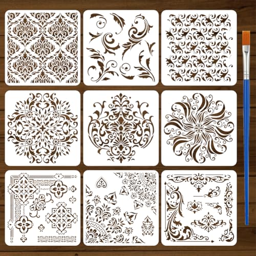 FINGERINSPIRE 9 Pcs Damask Painting Stencil with Brush 11.8x11.8inch Mandala Flower Drawing Template Flower Corner Border Pattern DIY Decoration Stencil for Painting on Wood Wall Fabric Furniture - style: Damask