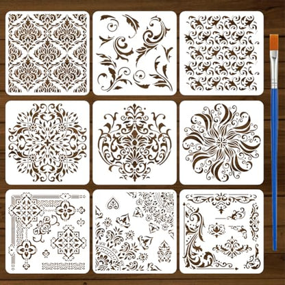 FINGERINSPIRE 9 Pcs Damask Painting Stencil with Brush 11.8x11.8inch Mandala Flower Drawing Template Flower Corner Border Pattern DIY Decoration Stencil for Painting on Wood Wall Fabric Furniture - style: Damask