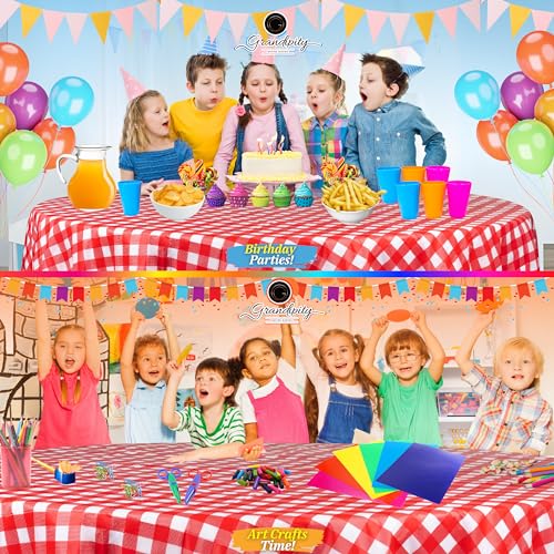 Grandipity Plastic Table Cloth Disposable 12 Pack 84" Round Red Gingham | Plastic table covers, durable disposable tablecloths, fade and tear-resistent table cover for party, event - color: Red Gingham Checkered, size: 84in. Round