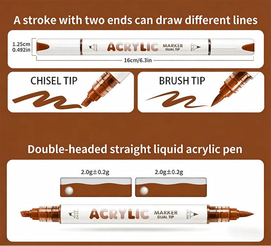 kander 12 Colors Dual Tip Acrylic Paint Markers, Adobe Brown Color — Extra Fine & Soft Brush Pen Set with Direct Ink Flow for Sketching, Detailing, Coloring on Wood, Canvas, Rock, Glass, DIY Crafts - color: Brown