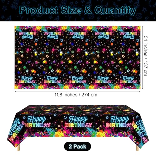 Kochorie 2 Pack Glow in the Dark Birthday Tablecloth 54 x 108 Inch Neon Disposable Plastic Table Cover Graffiti Paint Glow Table Cloths for Black Light Party, Let's Glow Birthday Decorations - style: Glow in the Dark Birthday
