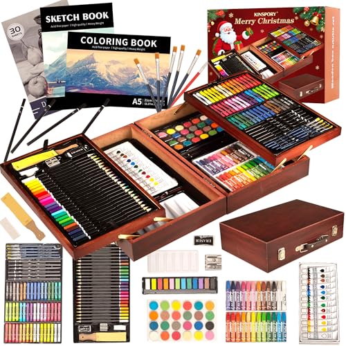KINSPORY 168 Pack Wooden Art Set, Deluxe Painting Drawing Kit, 3 Coloring Books, Oil Pastels, Watercolor Paints, Art Crafts Supplies, Creative Gift Set for Beginners, Kids, Boys, Girls & Artists (Red) - color: Red