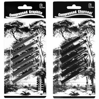 MyLifeUNIT Compressed Charcoal Sticks (2 Soft, 2 Medium and 2 Hard), Square Compressed Graphite Drawing Pencils for Artists (2H, HB, 2B, 4B, 6B and 8B)