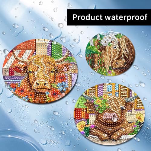 8 Pcs Diamond Art Painting Coasters with Holder, DIY Highland Cow Flower Diamond Art Coasters for Drinks Diamond Art Painting Kits for Beginners, Diamond Craft Supplies for Adults - color: Highland Cow