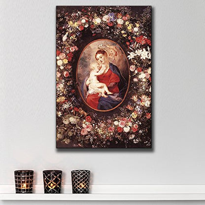 wall26 - Oil Painting of The Virgin and Child in a Garland of Flower by Peter Paul Rubens in 1621 - Baroque Style - Catholic - Canvas Art Home Art - 12x18 inches - color: 22. the Virgin and Child in a Garland of Flower, size: 18"L x 12"W