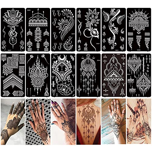 XMASIR 12 Sheets Henna Tattoo Stencils, Glitter Airbrush Hand Temporary Tattoo Stickers Indian Arabian Self Adhesive Tattoo Templates (S5-12P) - size: S5-12P