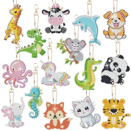 Augisteen 15 PCS Diamond Painting Keychains Animal Diamond Art Ornaments Double Side Diamonds Key Rings DIY 5D Art Pedants for Beginners Birthday Crafting Home Party Decor