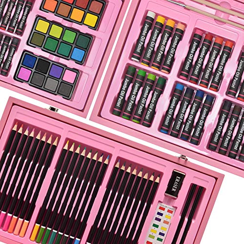 Sunnyglade 145 Piece Deluxe Art Set Wooden Art Box & Drawing Kit Pink - color: Pink