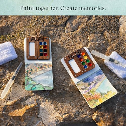 Mini Watercolor Travel Set, Walnut Wood 12 Colors Brush, Sketchbook, 2 Pens