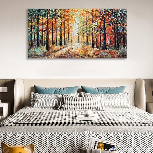 Art Hand Painted Red Maple Forest Landscape Oil Painting Modern Abstract Art Home Wall Deco Art 24x48 inches - color: Dn183