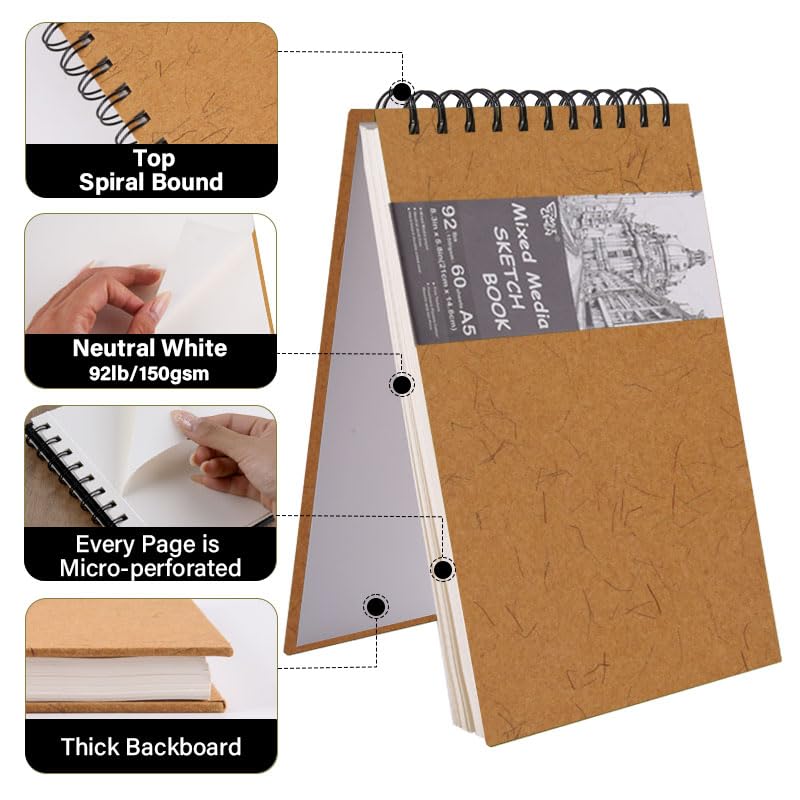 5.8" x 8.3" Mixed Media Sketch Book,Spiral Bound Hardcover Sketchbook,60 Sheets 92lb/150gsm Neutral White Acid Free Paper,Art Journal Sketchbook for Drawing Writing Sketching Illustration,Turmeric - color: Neutral White-Turmeric
