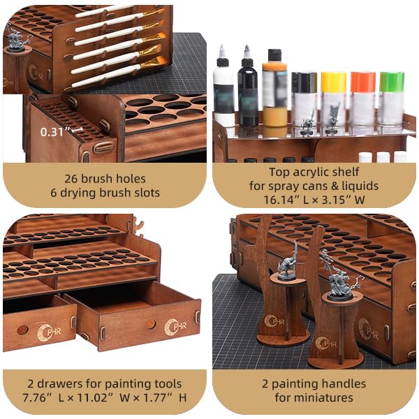 OPHIR Wooden Paint Organizer for 104 Bottles with 2 Brush Holder, 2 Drawer - size: 1.02" & 1.42"-104 Holes