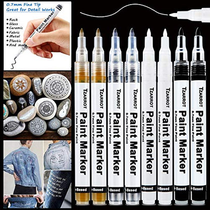 White Paint Pen, 8 Pack 0.7mm Acrylic Paint Pens with 2 White 2 Black 2 Gold 2 Silver Permanent Marker for Wood Rock Fabric Metal Plastic Ceramic Acrylic Markers Extra Fine Tip