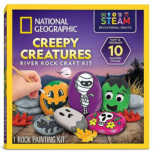 National Geographic Creepy Creatures Rock Painting Halloween Craft Kit | 10 River Rocks, 10 Paint Colors, Spooky Art Supplies for Kids, Halloween Crafts, Creative Activity, Creepy Creature Designs - style: Creepy Creatures