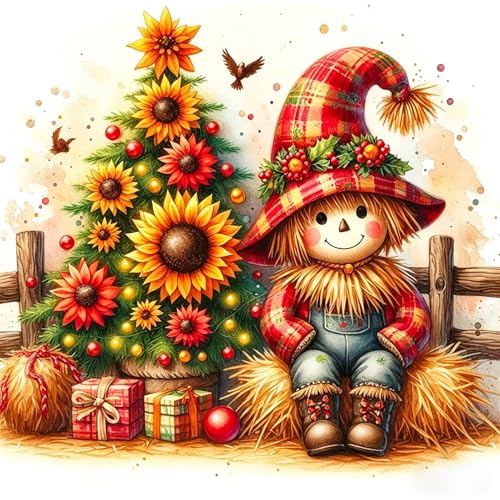 AWLNKMC Fall Scarecrow Sunflower Diamond Art Painting Kits for Adults, Diamond Painting Kits for Adults Beginners, 5D DIY Full Drill Diamond Dot Gem Art Kits for Adult, Home Wall Decor 13.8x13.8 Inch - color: Fall Scarecrow Sunflower Tree