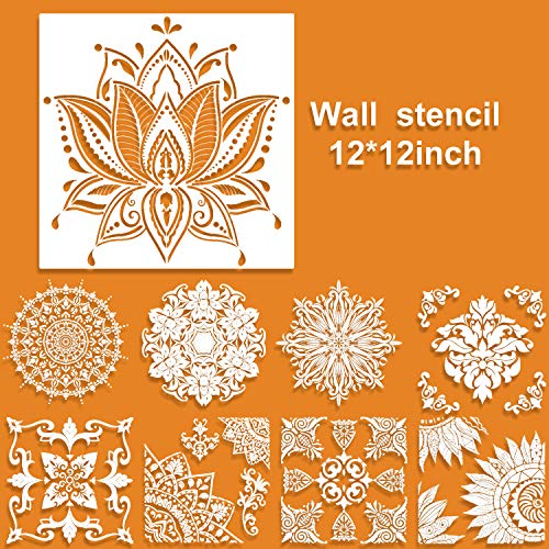 9 Pack (12x12Inch) Large Reusable Stencil Mandala Stencil Painting Template | Laser Cut Painting Template for Floor Wall Tile Fabric Furniture Stencils Painting