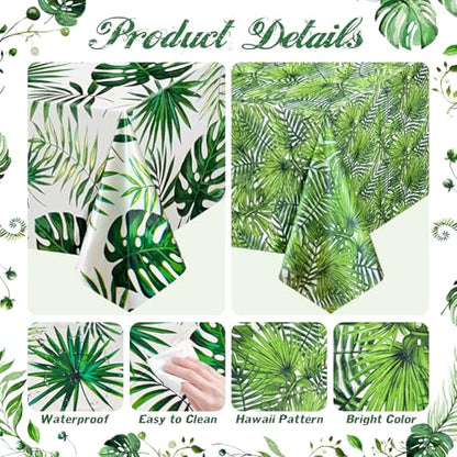 2 Pack Jungle Tablecloths, 54x108", Tropical Palm Leaf Party Decor | Two Coordinating Palm and Monstera Prints with Waterproof PE Protection for Jungle, Tiki, rainforest and tropical parties