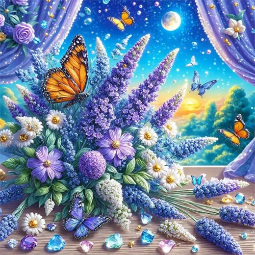 5D Diamond Art Kits for Adults Dreamy Lavender Landscape, DIY Diamond Painting Kits for Beginner, Floral Diamond Dots Full Drill Crafts for Gem Art for Relaxing Home Wall Decor 14×14 inch - color: Lavender