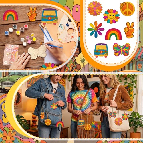 Saypacck 24 Pcs Groovy Boho Hippie Party Favors Wooden Paint Craft Kits | Retro Daisy Rainbow Decorations for Goodie Bags, Bulk Thank You Gifts with Organza Pouch, Boho Hippie Activities for Kids - style: Modern
