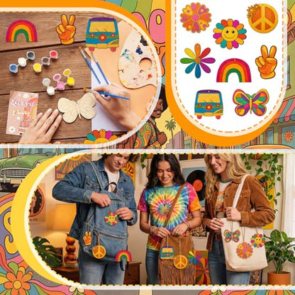 Saypacck 24 Pcs Groovy Boho Hippie Party Favors Wooden Paint Craft Kits | Retro Daisy Rainbow Decorations for Goodie Bags, Bulk Thank You Gifts with Organza Pouch, Boho Hippie Activities for Kids - style: Modern