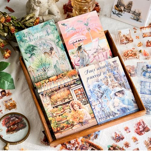 Four Seasons Style Stickers Scrapbooking Supplies for Junk Journal, Four Sticker Books, 80 Sheets PET Stickers - color: Four Seasons Style