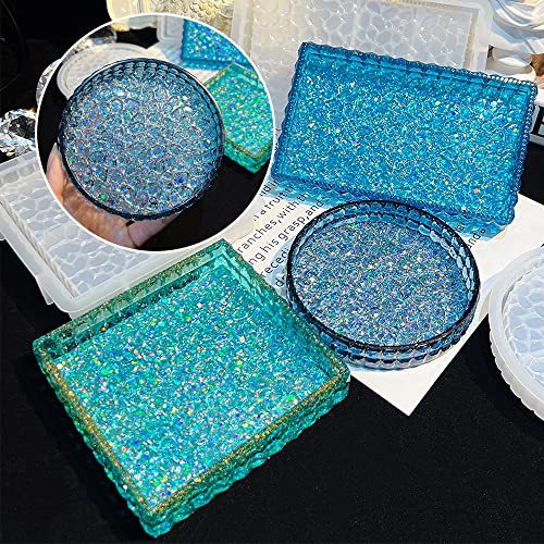 3PCS Diamond Resin Tray Mold with Edges, Silicone Tray Molds for Resin Casting, Square Rectangle Round Epoxy Mold DIY Jewelry Plate Box Candle Holder Container Art Craft Making Supplies - color: 3pc Diamond Trays