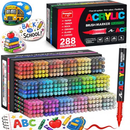 288 Colors Acrylic Paint Markers, 1-5mm Soft Brush Tip for Rock Wood Glass - color: 288 colors