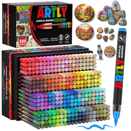 320 Colors Soft Brush Tip Acrylic Markers Set, Paint Pens for Rock, Wood, Fabric, Canvas, Glass, DIY Crafts, Waterproof Paint Markers, Vibrant Acrylic Pens for Artists and Art Projects - color: 320 colors
