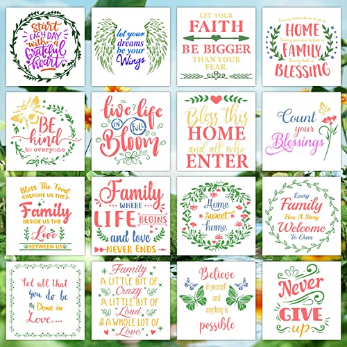16 Pieces Inspirational Word Stencils Kit Large Motivational Stencil Reusable Phrase Word Template Family Sign Stencils for Painting on Wood, Porch, Front Door, Home Decor(11.8x11.8Inch)