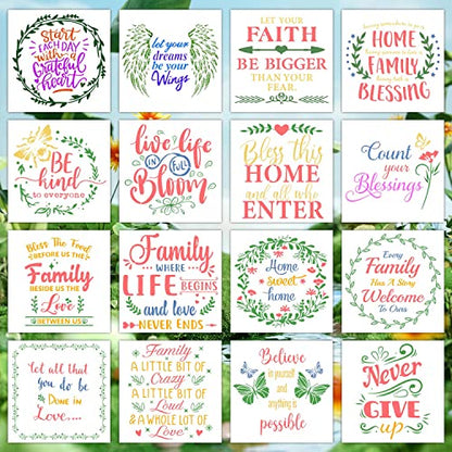 16 Pieces Inspirational Word Stencils Kit Large Motivational Stencil Reusable Phrase Word Template Family Sign Stencils for Painting on Wood, Porch, Front Door, Home Decor(11.8x11.8Inch)