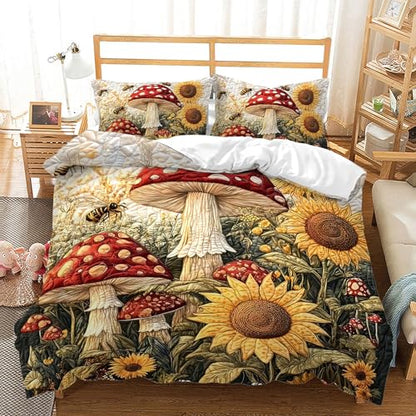 AILONEN Mushroom & Sunflower Duvet Cover Set Twin Size,Cartoon Flower Bee Quilt Cover with 2 Pillowcases, Soft Breathable 3Pcs - color: Mushroom110, size: Twin