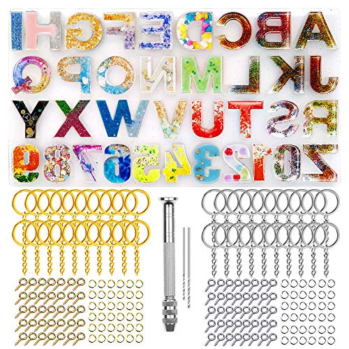 Nupinta 244Pcs Alphabet Silicone Resin Casting Molds Kit, Reversed Letters & Numbers Epoxy Casting Molds with Pin Vise Set for DIY Making Keychain/House Number Resin Crafts