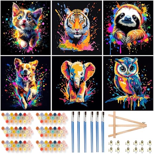 Mowana Framed Paint by Numbers Kit for Adults- 6 Pack Paint by Number for Adults Beginners, Painting Kits on Canvas Colorful Animal Paint by Numbers with Easel for Relaxing & Wall Decor 8x8 inches