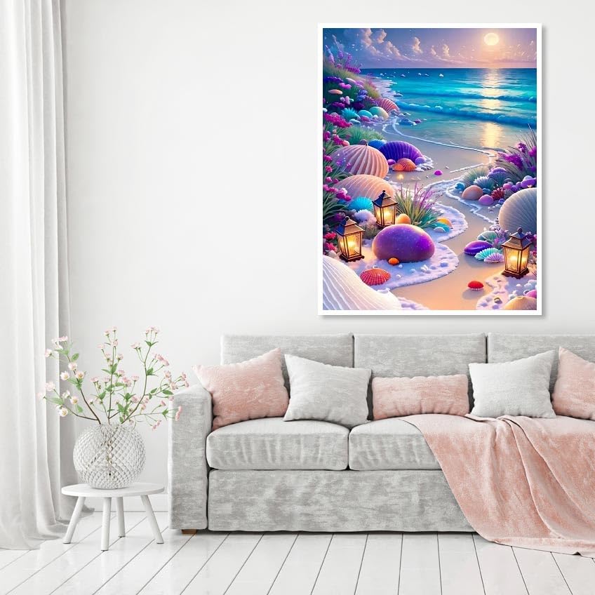 MOMDEDP Beach Diamond Painting Kits for Adults, 5D Seashell Diamond Art Kits for Beginners, DIY Full Round Drill Seashell Paint by Diamonds, DIY 5D Gem Art Sun Perfect for Relax 12 x 16 Inch Sunshine