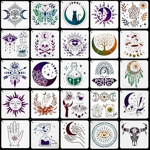25 Pcs Wall Stencils for Painting, 6" Sun Moon Tarot Mandala Stencil, Mandala Tree of Life Art Stencils for Crafts Reusable Wood Wall Furniture Decor Gift Art