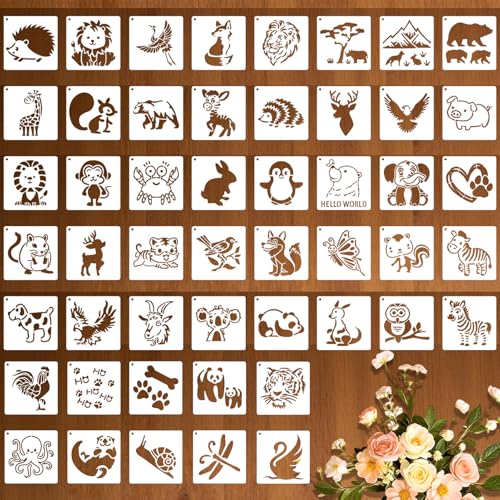 50 Pcs Large Animals Stencils for Painting, 3.93 x 3.93 Inch Animals Stencils for Crafts Reusable, Wood and Wall Stencils for Painting Large Pattern, DIY Templates Holiday Wall Paper (Animals) - style: Animals