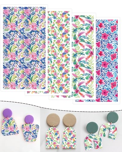 Puocaon Flower Clay Transfer Paper - 20 Sheets Tropical Flower Transfer Paper for Polymer Clay Earrings Making, Retro Floral Polymer Clay Jewelry Transfer Sheets - color: tropical flower