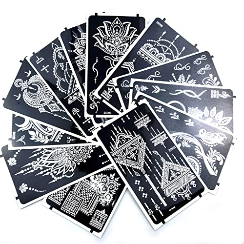 XMASIR 12 Sheets Henna Tattoo Stencils, Glitter Airbrush Hand Temporary Tattoo Stickers Indian Arabian Self Adhesive Tattoo Templates (S5-12P) - size: S5-12P