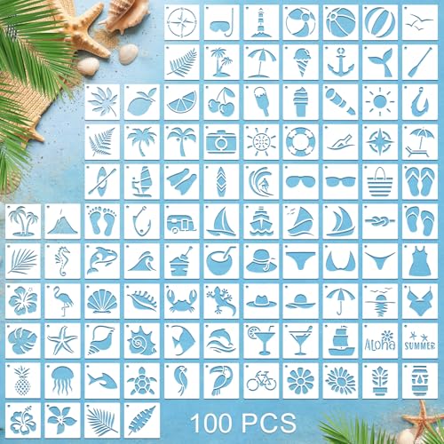 Fainne 100 Pcs 1.5 Inch Hawaii Theme Small Stencils for Crafts | Reusable Painting Stencils for Wood Wall Card Making Scrapbooking Journaling, Portable Craft Templates - style: Hawaii