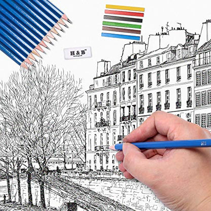 H & B 48-Piece Sketching & Drawing Kit for Adults & Beginner Artists - Includes Graphite & Charcoal Pencils, Blending Stumps, Sketchpad, Pastel Sticks, Nylon Storage Case - size: 48 Piece Set