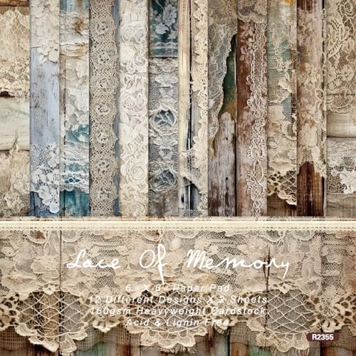 Vintage Lace Scrapbook Paper Pad, 6 x 6 Inch Rustic Wood Grain 160gsm Cardstock, 24 Sheets Shabby Chic Craft Paper for Bridal Album, Wedding Invitation DIY - color: Old Lace - 6×6