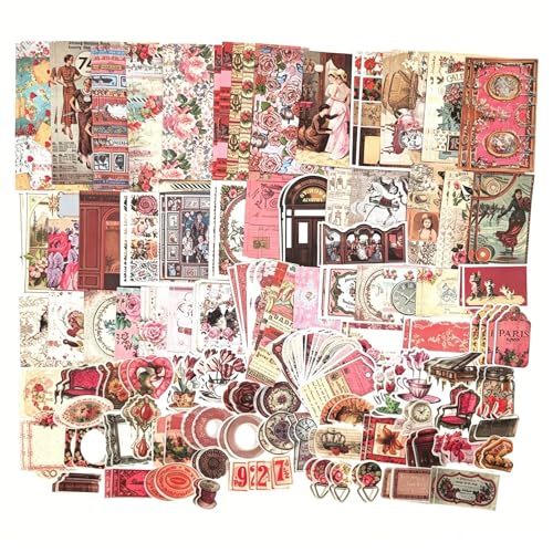 200PCS Vintage Scrapbooking Supplies Pack, Aesthetic Scrapbook Sticker Paper Art Journaling Kit for Junk Journals,Planner,Cottagecore Decor Gifts (Pink Retro Collection)