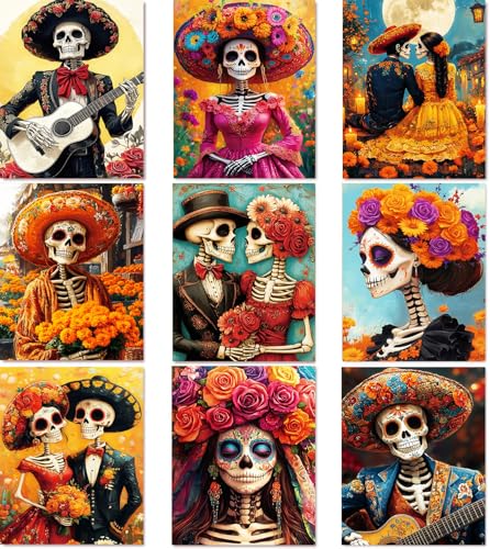 WUDWL 9 Pack Diamond Art Kits for Adults Diamond Painting Kits for Adults | Halloween 5D Diamond Dots Gem Art Crafts with Tools,Day of the Dead Round Full Drill Crafts for Home Wall Decor-12x16inch - color: DP03392