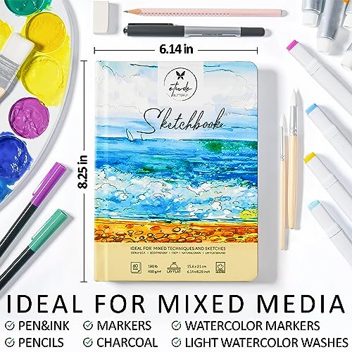 Mixed Media Sketch Book Hardcover 60 Pages Thick 400 GSM / 180 lb Acid Free Paper Lay Flat Bound for Drawing Painting 6,14“ x 8,25“ for Kids and Adults Beginners and Professionals Eco Friendly