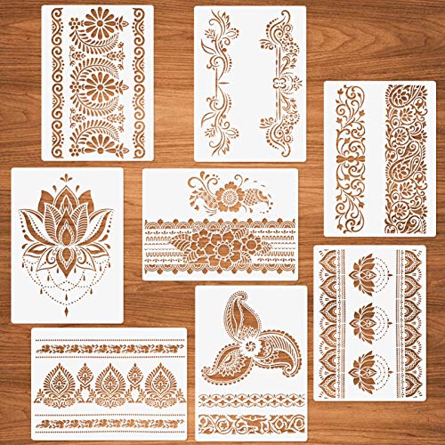 Flower Border Mandala Stencils, 8 Pcs for Painting on Wood Canvas Paper, DIY Craft Stencils - 8.3"x11.8"