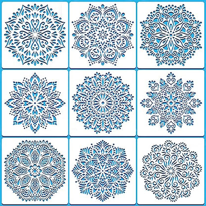 SUNFEEL 9-Pack Large Mandala Stencils - 12 x 12 Inch Reusable Templates, For DIY Wall & Floor Crafts And Furniture - style: C-Large Mandala