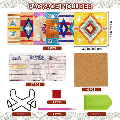 Temlum 6pcs Diamond Art Coasters Kits for Adults with Holder, Boho - color: Boho Coasters With Holder