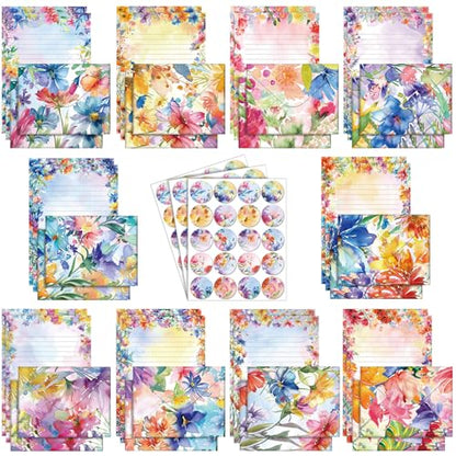 TaoBary 160 Pcs Stationery Paper Set 50 Double Sided Stationery Papers with 50 Matching Envelopes and 60 Round Dot Sticker, 10 Design(Bright Floral,5.5 x 8.25 Inch) - size: 5.5 x 8.25 Inch, style: Bright Floral
