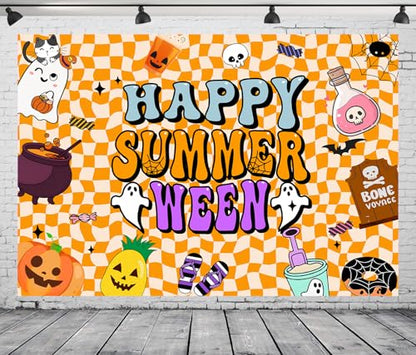 8x6FT Summerween Backdrop Happy Summerween Halloween Ghost Magic Pot Tombstone Background for Boy Girl Women Summer Halloween Party Decorations Vinyl