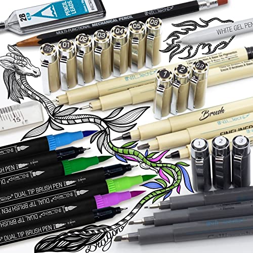 NIL - TECH Professional Artist Drawing Pens Set (36 Pcs) - 16 Dual Brush Markers, 10 Archival Fineliners, 3 Calligraphy Pens, White Gel Pen & Sketchbook - Waterproof Ink for Sketching & Lettering